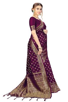 Purple Woven Banarasi silk blend Saree with Blouse 4