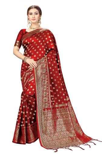 Red Banarasi silk blend Saree with Blouse for Women