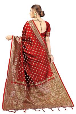 Red Banarasi silk blend Saree with Blouse for Women 2