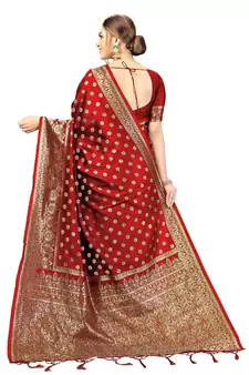 Trendmalls Red Banarasi silk blend Saree with Blouse for Women