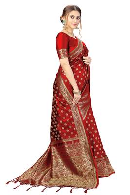 Red Banarasi silk blend Saree with Blouse for Women 4