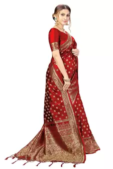 Trendmalls Red Banarasi silk blend Saree with Blouse for Women