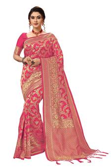 Pink woven Banarasi silk blend Party Wear Saree With Blouse