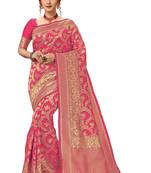 Trendmalls Pink woven Banarasi silk blend Party Wear Saree With Blouse