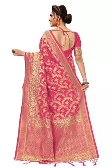 Trendmalls Pink woven Banarasi silk blend Party Wear Saree With Blouse