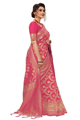 Pink woven Banarasi silk blend Party Wear Saree With Blouse 3