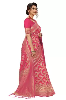 Trendmalls Pink woven Banarasi silk blend Party Wear Saree With Blouse