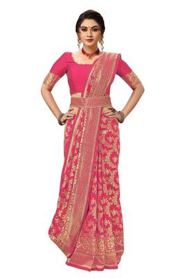Pink woven Banarasi silk blend Party Wear Saree With Blouse 4
