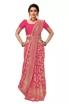 Trendmalls Pink woven Banarasi silk blend Party Wear Saree With Blouse