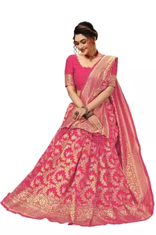 Trendmalls Pink woven Banarasi silk blend Party Wear Saree With Blouse