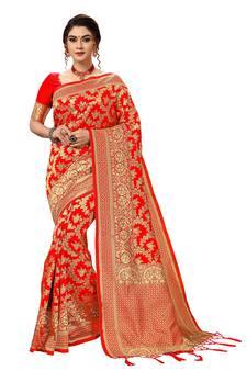 Red woven banarasi silk Party Wear Saree With Blouse