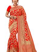 Red woven banarasi silk Party Wear Saree With Blouse
