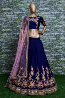Dark Blue Thread Dori Zari And Embroidered With Diamond Work Taffeta Silk Semi Stitched Wedding Lehenga