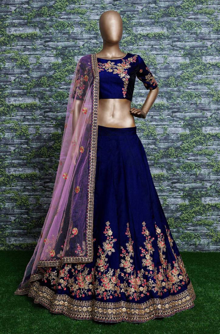 Dark Blue Thread Dori Zari And Embroidered With Diamond Work Taffeta Silk Semi Stitched Wedding Lehenga