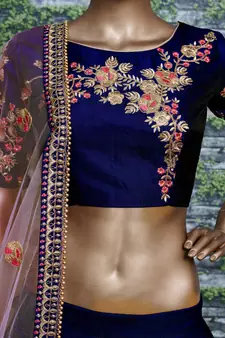 Dark Blue Thread Dori Zari And Embroidered With Diamond Work Taffeta Silk Semi Stitched Wedding Lehenga