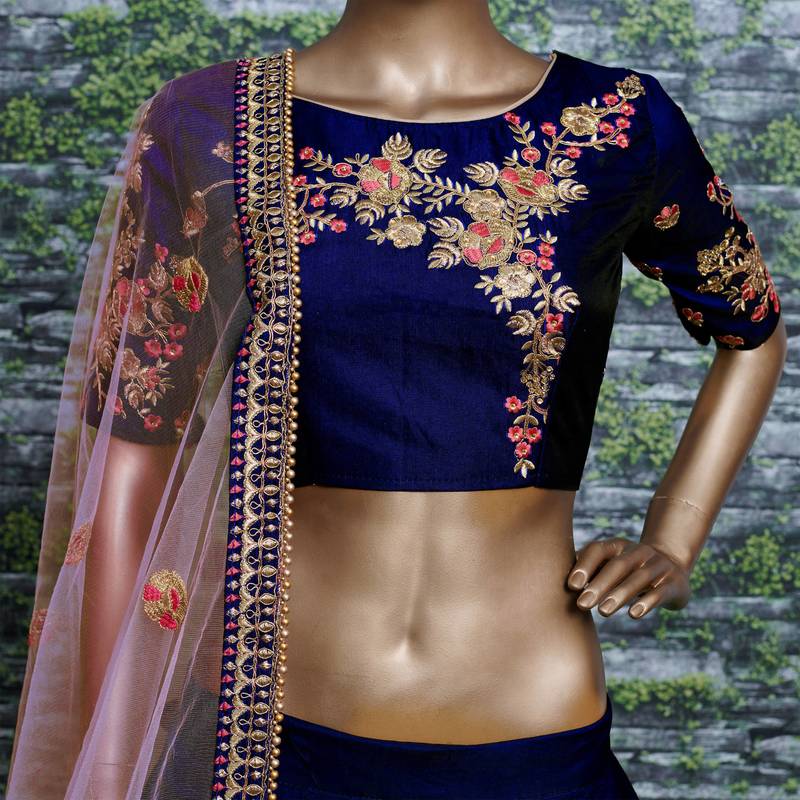 Dark Blue Thread Dori Zari And Embroidered With Diamond Work Taffeta Silk Semi Stitched Wedding Lehenga