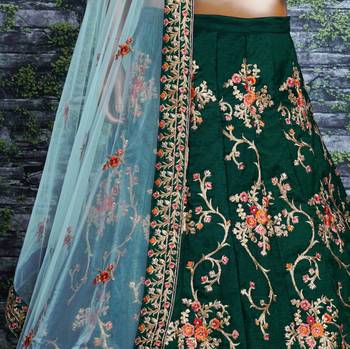 Dark Green Thread, Dori, Zari and Embroidered with Diamond Work Taffeta Silk Semi Stitched wedding lehenga 6