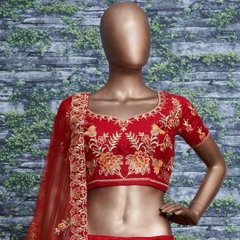 Tempting Red Thread Dori Zari And Embroidered With Diamond Work Taffeta Silk Lehenga Choli For Wedding 5