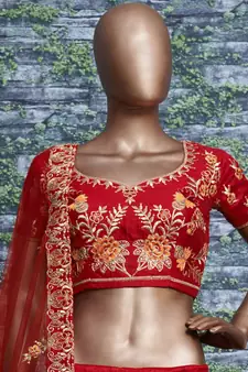 Tempting Red Thread Dori Zari And Embroidered With Diamond Work Taffeta Silk Lehenga Choli For Wedding