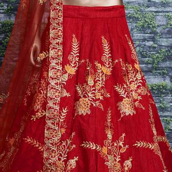 Tempting Red Thread Dori Zari And Embroidered With Diamond Work Taffeta Silk Lehenga Choli For Wedding 6