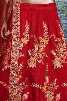 Tempting Red Thread Dori Zari And Embroidered With Diamond Work Taffeta Silk Lehenga Choli For Wedding