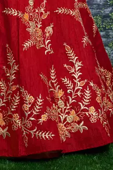 Tempting Red Thread Dori Zari And Embroidered With Diamond Work Taffeta Silk Lehenga Choli For Wedding