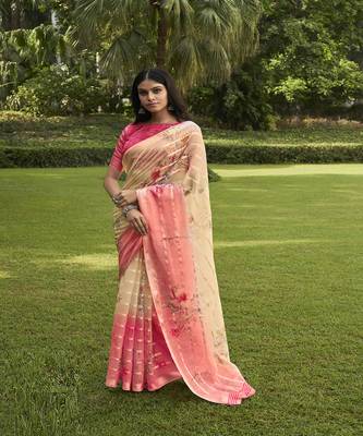 Pink printed cotton saree with blouse 1