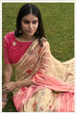 Pink printed cotton saree with blouse 2