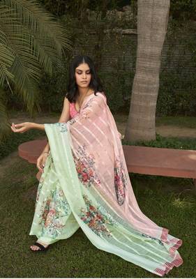 Multicolor printed cotton saree with blouse 2