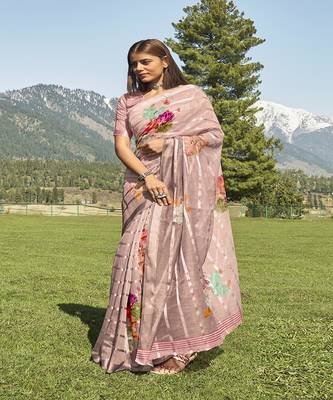 Brown printed cotton saree with blouse 1