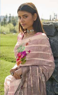 Brown printed cotton saree with blouse 2