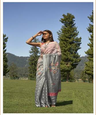 Grey printed cotton saree with blouse 1