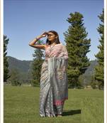 Grey printed cotton saree with blouse