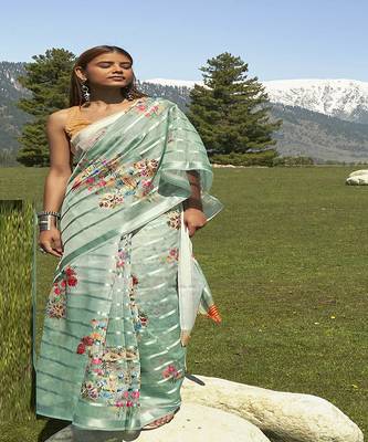 Turquoise printed cotton saree with blouse 1