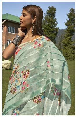 Turquoise printed cotton saree with blouse 2