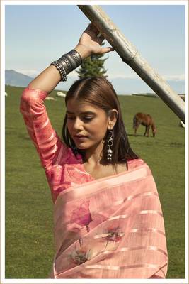 Coral printed cotton saree with blouse 2