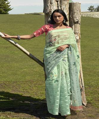 Sea green printed cotton saree with blouse 1