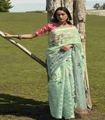 Sea green printed cotton saree with blouse