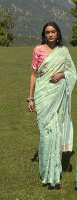 Sea green printed cotton saree with blouse 2