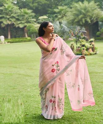 Light pink printed linen saree with blouse 1