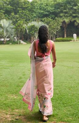 Light pink printed linen saree with blouse 2