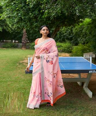 Light pink printed linen saree with blouse 1