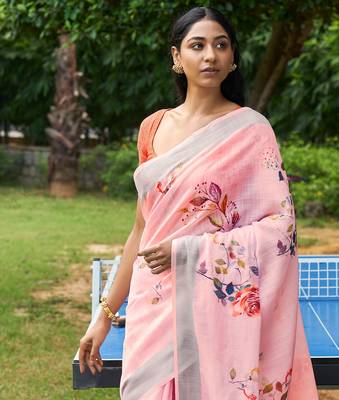 Light pink printed linen saree with blouse 2