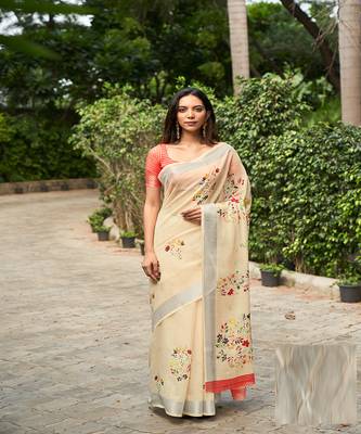 Cream printed linen saree with blouse 1