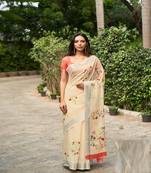 Cream printed linen saree with blouse