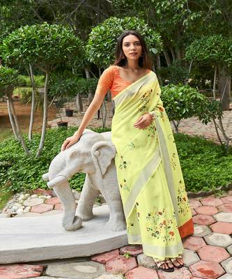 Yellow printed linen saree with blouse 1