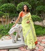 Yellow printed linen saree with blouse