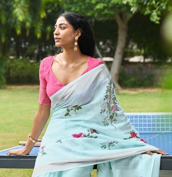 Sky blue printed linen saree with blouse 2