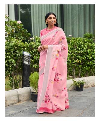 Pink printed linen saree with blouse 1