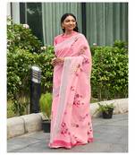 Pink printed linen saree with blouse